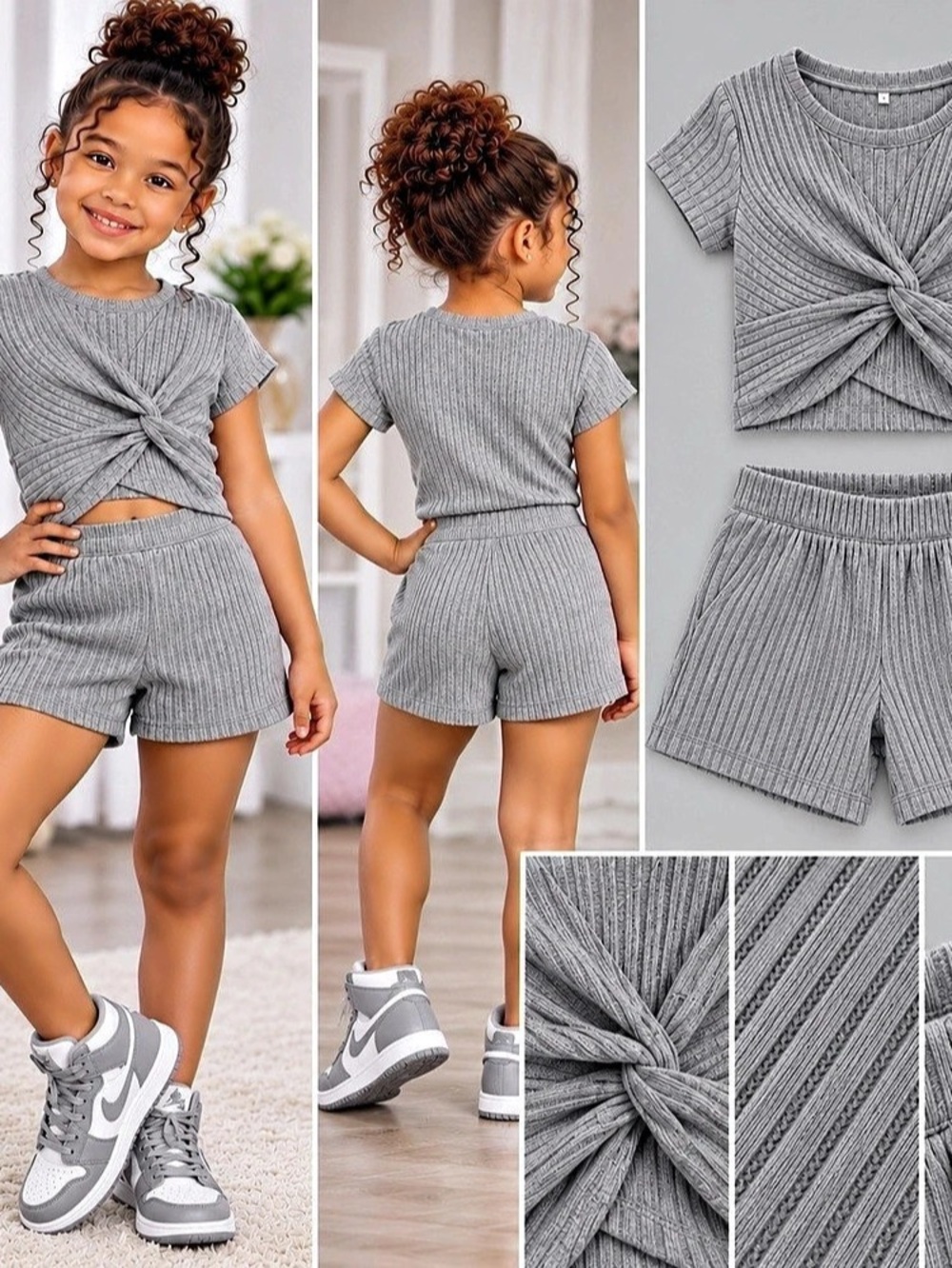Girls Gray Ribbed Two-Piece Set